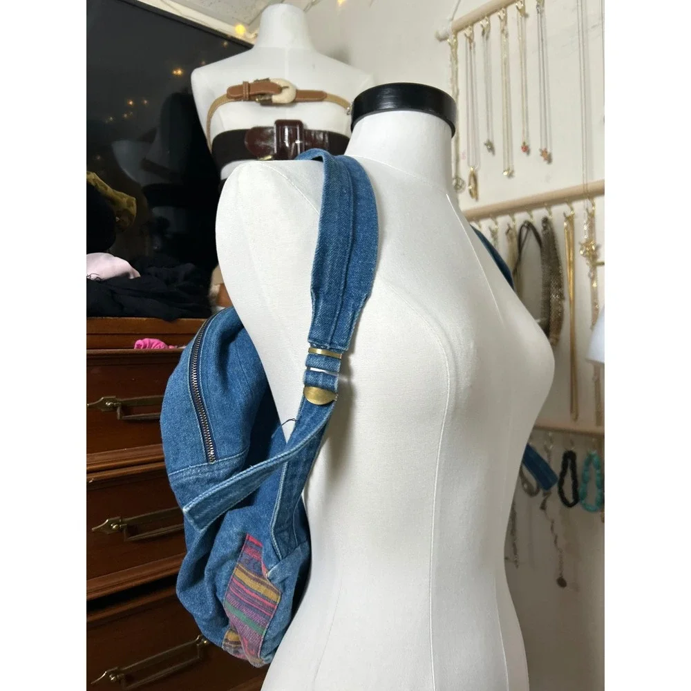 Vintage Denim‎ Backpack Blue Western Aztec Boho Wood Toggle Faux Leather Trim